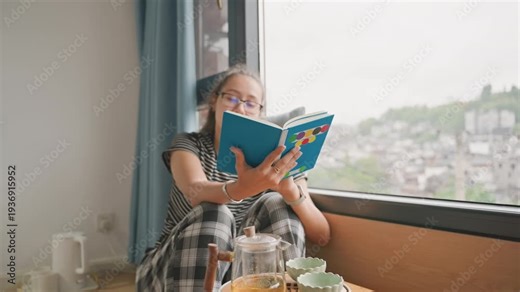 Hotel bay window guest reading guidebook, travel planning gesture, tea service on low table, glasses and pages, harbor hillside view, reflective solo traveler moment, itinerary preparation