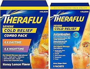 Theraflu Severe Cold Relief Hot Liquid Powder Combo: 12ct Daytime/Nighttime Honey Lemon Flavor + 6ct Daytime Honey Ginger Flavor