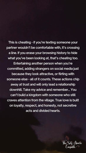 It's cheating if you’re texting someone your partner wouldn’t be comfortable with. - - - - #love #lovequotes #relatable #loveyou #lovestory #lover #lovewins #relationships #reelsinstagram #insta #viral #tiktok #explore #relationshipgoals #connection #intimacy #lovelife #loving #couples #couplegoals #showlove | The Self-Aware Empath