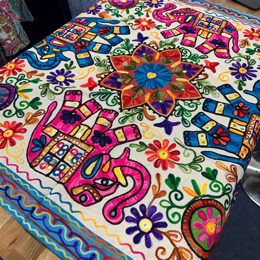 Elephant Floral Hand Embroidered Tablecloth: Indian Tablecloth With Mirror Work Art - Etsy