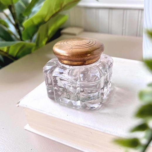 Vintage 1920s Glass & Brass Inkwell, Art Deco R. Cottrell Collectible Desk Decor With Geometric Faceted Base, Made in Canada, Signed - Etsy