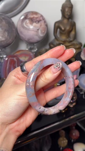 Sarida Crystals Sales on Instagram: "Dainty, high quality, pastel pink & blue sea cosmic jasper bangle from Madagascar 🌸 $118 // 60mm Comment “me/mine/claim” to claim. Please send email if you’re new 💌"