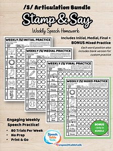 S Articulation Worksheet Bundle | Initial Medial Final | Speech Therapy Homework