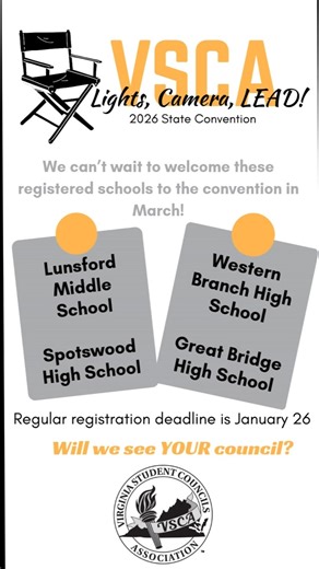 VA Student Council Association on Instagram: "Regular registration ends on January 26 -- don't miss this chance to mingle with student leaders and advisors from across the Commonwealth at the VSCA State Convention, March 13-14. Register at https://scaleader.org/convention-2026/"