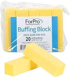ForPro Professional Collection Ultra Gold Buffing Block, 240 Grit, Four-Sided Manicure & Pedicure Nail Buffer, 3.75" L x 1" W x 1" H, 20-Count
