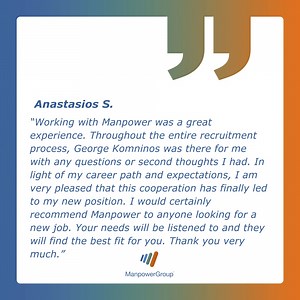 #ManpowerGroupGR Οι θετικές αξιολογήσεις ολοένα και αυξάνονται 🚀 Ανακαλύψτε όλες τις διαθέσιμες θέσεις εργασίας στην ιστοσελίδα μας και στείλτε μας το βιογραφικό σας σήμερα 👉 https://bit.ly/3yZNniB #ManpowerGroupGR #WeBelieveInTalent #JobSearch #CareerGrowth | ManpowerGroup