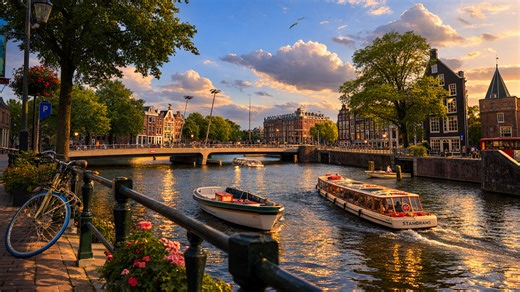 Cahaya senja di atas kanal-kanal Amsterdam