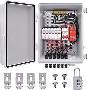 mankk 6 String PV Combiner Box IP65 Waterproof Solar Combiner Box with Lightning Arreste Solar Connector 63A Circuit Breaker and 15A Rated Current Fuse for On/Off Grid Solar Panel System PV-BOX-6X