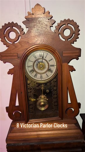 Eight Different Victorian Parlor Clocks! Made between 1879-1892 by 8 of major clock companies in that era! All runs 8 days and first three clocks strikes only on the hour and rest of five strikes 1/2 hours. Half on strike coil and other half on cathedral gong. All 8 clocks are actually sitting on top of half column and ogee clocks to ensure that it improves the quality of the gongs.