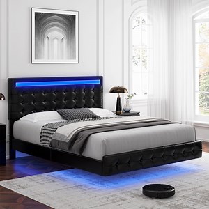 Homfa King Floating Bed with Lights, LED Platform Bed Frame with Under Bed Storage, PU Leather Adjustable Tufted Upholstered Bed, Black