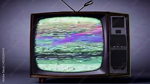 vintage video TV set displays persistent glitch interference warped colors looping smoothly K edgy music videos surveillance aesthetics cyberpunk montages