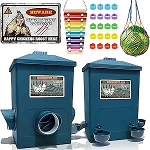 Automatic Port Chicken Feeder and Cup Waterer Set - Chicken Coop Accessories, No Waste Poultry Feeder, 3 Gallon/16 Pounds