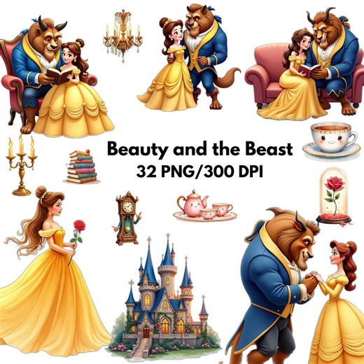 Beauty and the Beast Watercolor Clipart Bundle, Princess Belle PNG, Enchanted Rose Digital Kit, Fairytale PNG Pack - Etsy