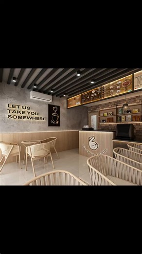 Spatium GI Design on Instagram: "☕✨ Coffee Shop Interior Design Reveal! ✨☕ Step into a warm, minimalist haven where coffee meets calm. This beautifully designed café blends modern industrial charm with cozy, natural textures. 🪵🖤 🔸 Neutral tones and wooden elements create a soothing ambiance 🔸 Statement quotes like “Let us take you somewhere” and “Coffee is always a good idea” add personality 🔸 Stylish rattan chairs & sleek bar stools offer comfort and elegance 🔸 Exposed brick, warm lightin