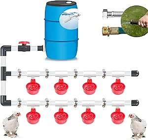 Automatic Chicken Water System, 8 Waterer Cups with PVC Pipe, Complete Chicken-coop Water System with Ball Valves PVC Tee Fittings, Suitable for Duck, Quail, Pigeon (Red, 8 Pack)