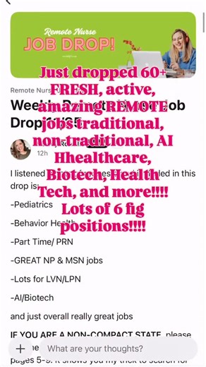 JUST WENT LIVE! A BRAND NEW Remote job DROP went LIVE & omg I highlighted more 6 fig AI remote nurse jobs, health tech remote jobs, biotech, and more!!! SO GOOD! And JUST FYI - when you look for the RIGHT remote jobs, you won’t take a pay-cut cut. Do you feel like you’re struggling to pursue a nurse job because you don’t have time and don’t know where to look? I got you’ How about some Health Tech & Biotech Companies Hiring Nurses Remotely - including traditional & non traditional remote roles!?