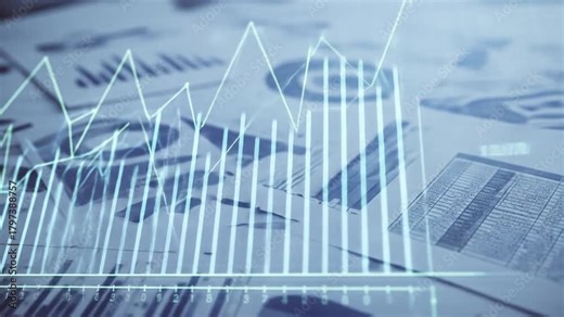 Animated stock market data analysis, financial charts and diagrams in motion, visual data