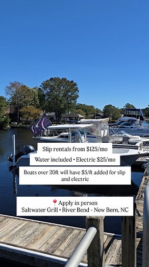 243 reactions · 21 comments | Freedom to boat whenever you want — no towing, no hassle. Our slips include water, optional electric, and quick access to the Neuse & Trent Rivers. Stop by Saltwater Grill in River Bend to reserve yours.  1 Marina Dr, New Bern NC  (252) 631-2742 | Saltwater Grill at River Bend | Facebook