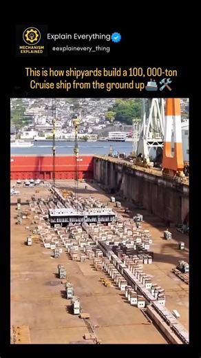 explaineverything on Instagram: "This is how shipyards build a 100,000-ton cruise ship from the ground up 🚢🛠️ 🔹 1. Digital Design & Planning Everything starts on computers. Engineers create 3D models covering the hull, engines, cabins, plumbing, electrical systems, and safety routes. Thousands of parts are planned before any steel is cut. 🔹 2. Steel Cutting & Block Construction Massive steel plates are cut using CNC plasma or laser machines. Instead of building the ship as one piece, shipyar