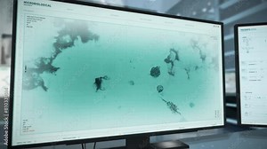 Innovative Microscope Software Conducts Analysis Of Bacteria For Biology Science. Study Of Bacteria Organism Using Scientific Microscope Interface. Scientist With Microscope Discovers Moving Bacteria