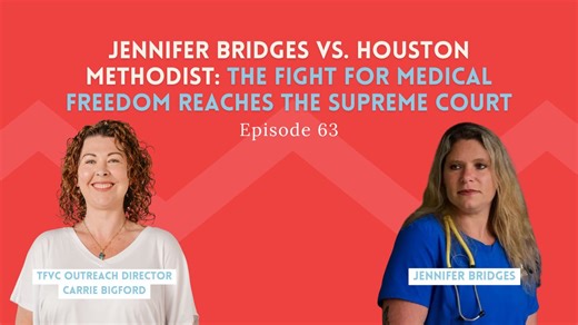 Jennifer Bridges, one of over 100 Houston Methodist staff who was fired for declining the unlicensed COVID shot, joins TFVC to discuss her landmark Supreme Court appeal. This case could redefine Americans’ rights to refuse experimental drugs and challenge judicial corruption threatening medical liberty nationwide. | Texans for Vaccine Choice