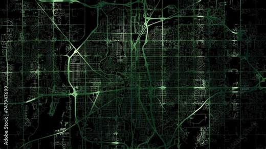 Zoom in road map of Wichita Kansas with green glowing roads on a black background.