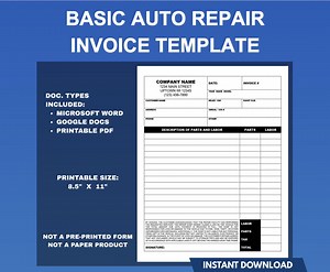 Basic Auto Repair Invoice Template for Mechanics or Any Other Type of Automotive Repair Like Auto Glass or Auto Trim and Upholstery Invoice - Etsy Canada