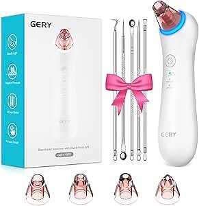 GERY Blackhead Remover Vacuum Pore Extractor Black Head Remover for Face Blackhead Extractor Pore Vacuum Pimple Extractor Skin Tag Remover Tool Pore Cleaner with Red&blue light 3 Modes 4 Suction Heads