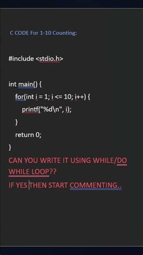 C Program For 1-10 counting #coding #python #programming #javascript #fnaf