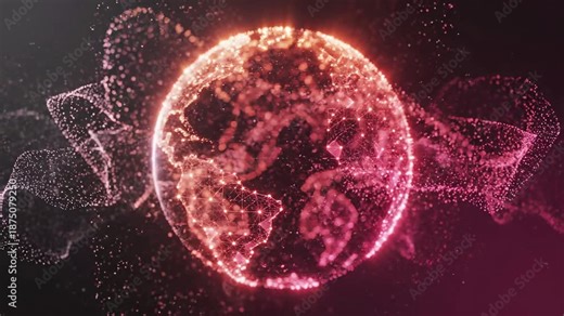 Illuminated globe with connected network particles and glowing continental outlines. Digital world map visualization representing global communication, international business connectivity, data