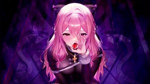 suggestive, hair between eyes, long hair, looking at viewer, pink hair, pink eyes, open mouth, video game girls, kneeling, tongues, sensual gaze, tongue out, anime games, anime girls, Brown Dust 2, Liberta (Brown Dust 2), cross, nun outfit, frontal view, blushing, cross necklace, snake, phallic symbol | 3840x2160 Wallpaper - wallhaven.cc