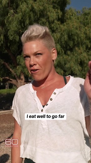 “I don’t eat well to look good, I eat well to go far, fast and hard,” says Pink. She says her muscles scare people but she is proud of them and because it's her power. #pink #pinktour2023 #60minutes