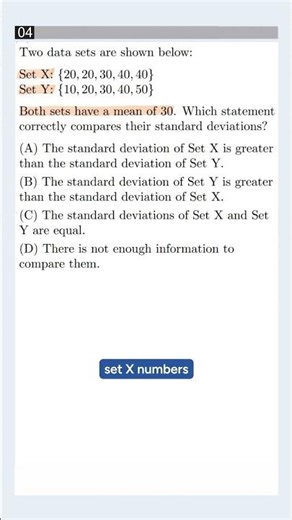 SAT Standard Deviation Comparison: Which Set Has the Greater Deviation? #satmath #satexam #shorts