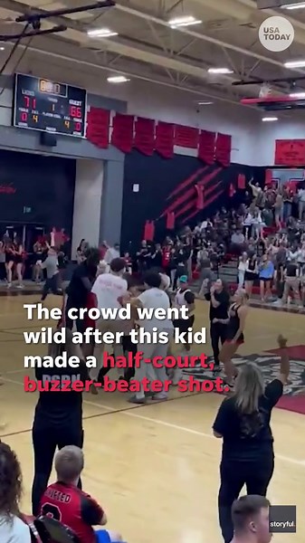 'No way!' Crowd bursts into cheers after student nails half-court, buzzer-beater shot.