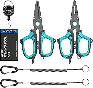 Amazon.com: UEDGER Fishing Scissors Line Cutter - Saltwater Fishing Pliers Kit with Retractors, Serrated Blades for Braid Line, Multifunction Split Ring Pliers Hook Remover Tools Gifts for Fisherman : Sports & Outdoors