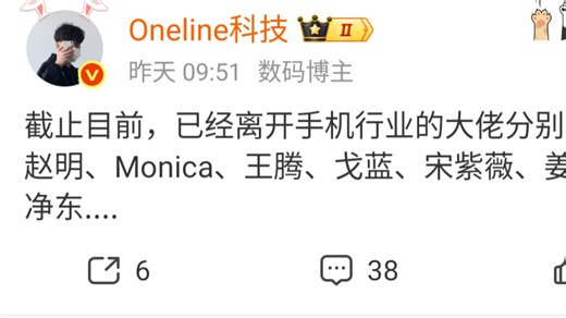 截止目前，已经离开手机行业的大佬分别有：赵明、Monica、王腾、戈蓝、宋紫薇、姜海荣、贾净东... .