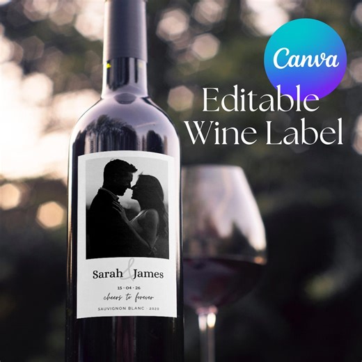 Wedding Wine Label Template, Free Editable Wine Bottle Label Canva Design, Photo Wine Bottle Label Template, Customized Wedding Wine Label - Etsy