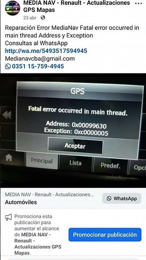 reparación error en media nav Fatal error occurred in main thread