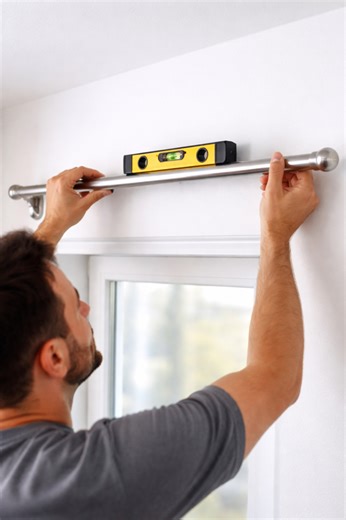 How to perfectly align curtain rod brackets using only a spirit level 🔧 No laser needed. No complicated measurements. Just use the rod itself a level. #diy #homedecor #handcrafted #localbusiness #communityhelp #sustainableliving #fblifestyle | Brikoula بريكولة