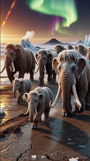 Majestic Woolly Mammoths Trek Across a Frozen Tundra Under the Aurora