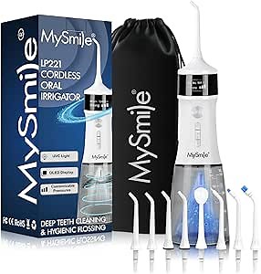 MySmile LP221 Cordless Water Flossers for Teeth with UVC Light Sanitizer and OLED Display, 335ML 4 Modes Water Teeth Cleaner Picks for Teeth Cleaning and Water Flossing (Pearl White)