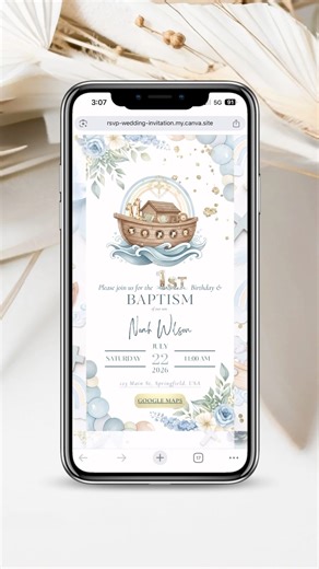 Noah’s Ark Baptism & 1st Birthday Invitation 🦒💙 #1stbirthdaycelebration