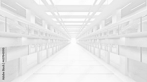 Corridor in space station or in laboratory and bright light from the destination. Science elements and innovation background. Animation Seamless loop. 3D Render.