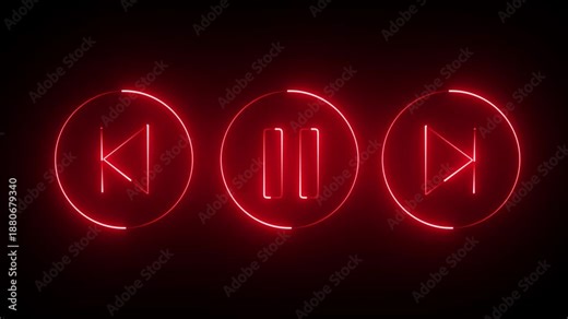 Neon red glowing audio player bar icon control Interface. Player button with play, pause, next, previous symbol animation. simple icon animation.