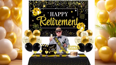 26Pcs Happy Retirement Party Decorations for Men Women with Happy Retirement Banner,Sash,Balloons, Cake Toppers, Tablecloth and Greeting Card, Black Gold Retire Decorations Favors