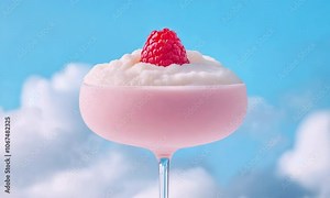 Refreshing raspberry whipped drink served in a clear glass against a blue sky backdrop