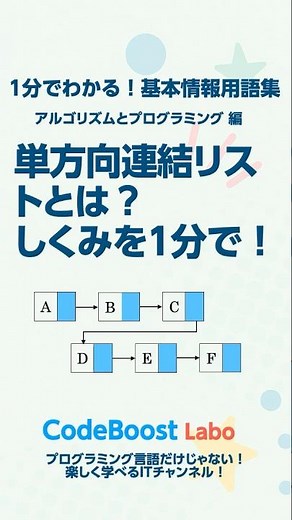 単方向連結リストとは？しくみを1分で！｜基本情報用語集 アルゴリズムとプログラミング編 #shorts #shortfeed