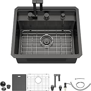 21 Inch Black Undermount Bar Sink Outdoor Kitchen Sink With Cover and Faucet 21x18x9 Inch 16 Gauge Stainless Steel Single Bowl Sink Indoor Outdoor