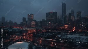 chicago aerial of a cityscape shows a well-lit metropolis with a lot of tall buildings and streetlights