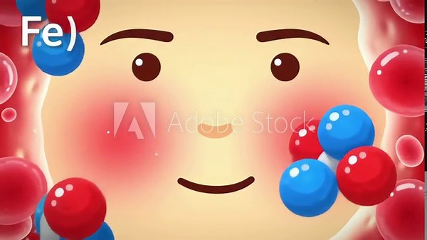 Cartoon animation illustrating iron deficiency anemia recovery as a pale face turns rosy with floating Fe molecules inside a blood vessel
